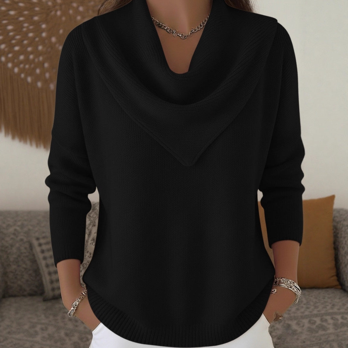 🧥Triangle Neck Solid Color Long Sleeve Tops Casual Sweaters for Women