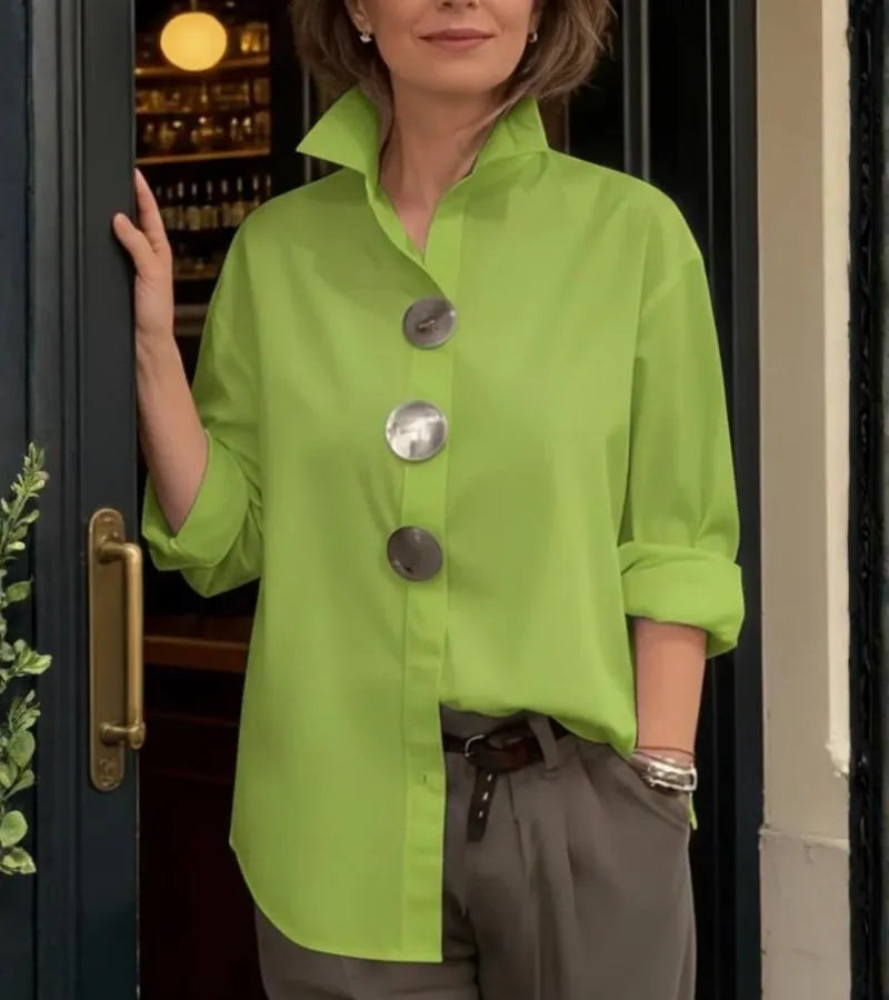 Women's Solid-Color Stand-Collar Long-Sleeve Shirt with Metal Buttons