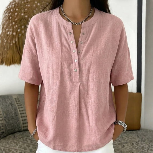 Women's Solid-Color Loose-Fit Short-Sleeve Henley Pullover