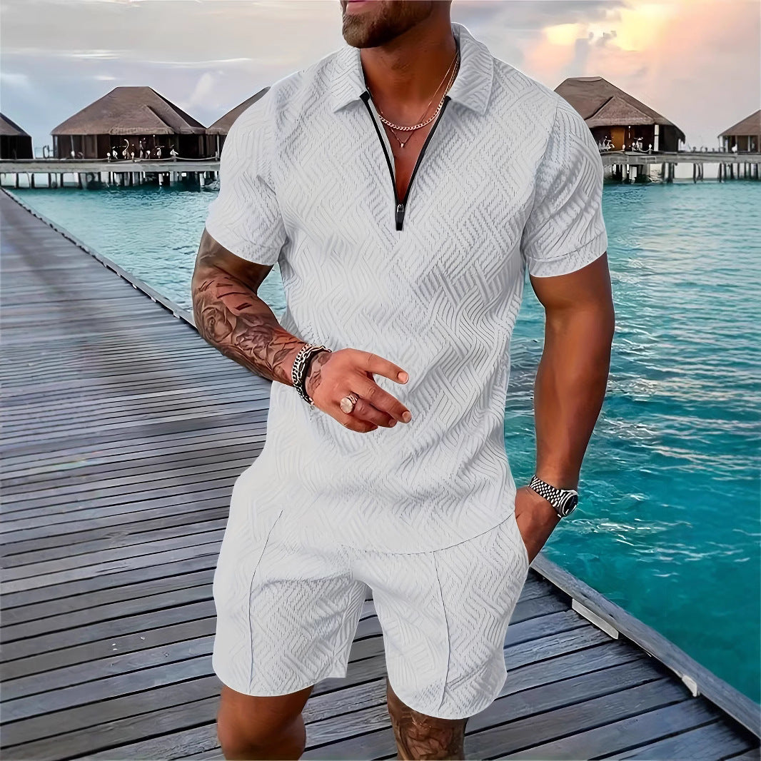 💕Summer Hot Sale -Men's casual Polo zipper lapel shirt short sleeve suit