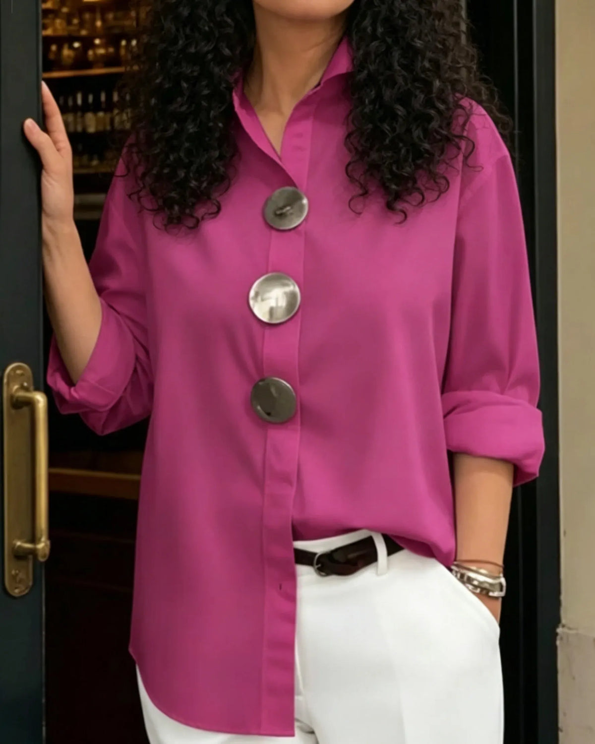 Women's Solid-Color Stand-Collar Long-Sleeve Shirt with Metal Buttons