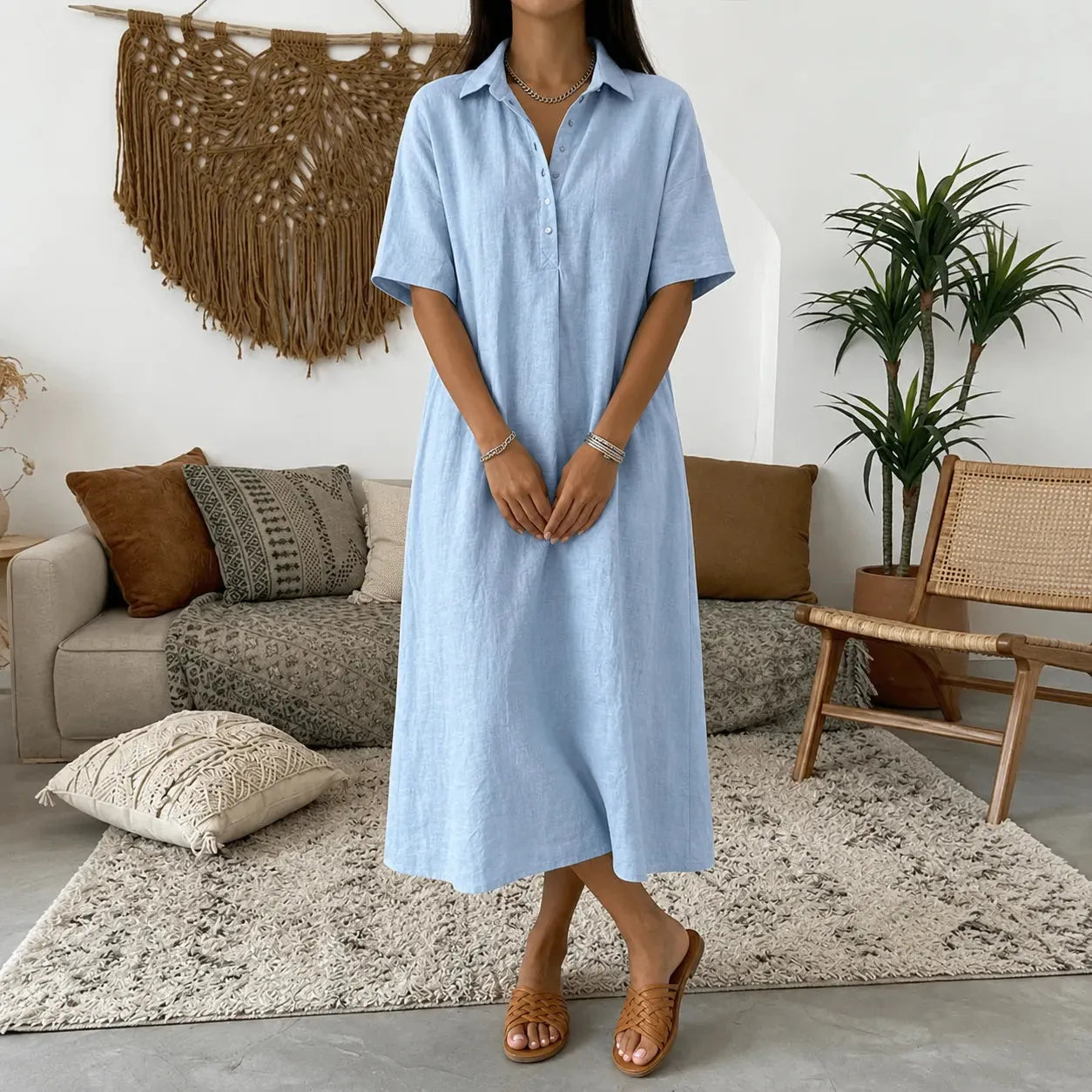 ✨✨Women's casual cotton and linen polo shirt midi dress