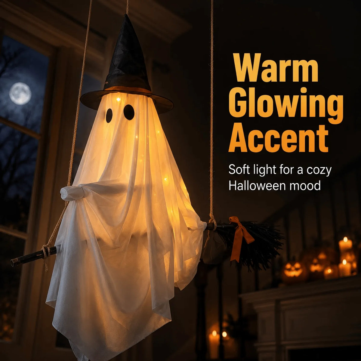 👻🧹Glowing Ghost Riding a Flying Witch's Broomstick