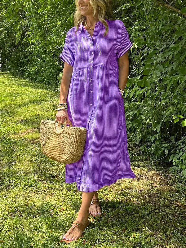💕Classic striped collared button-down casual shirt dress