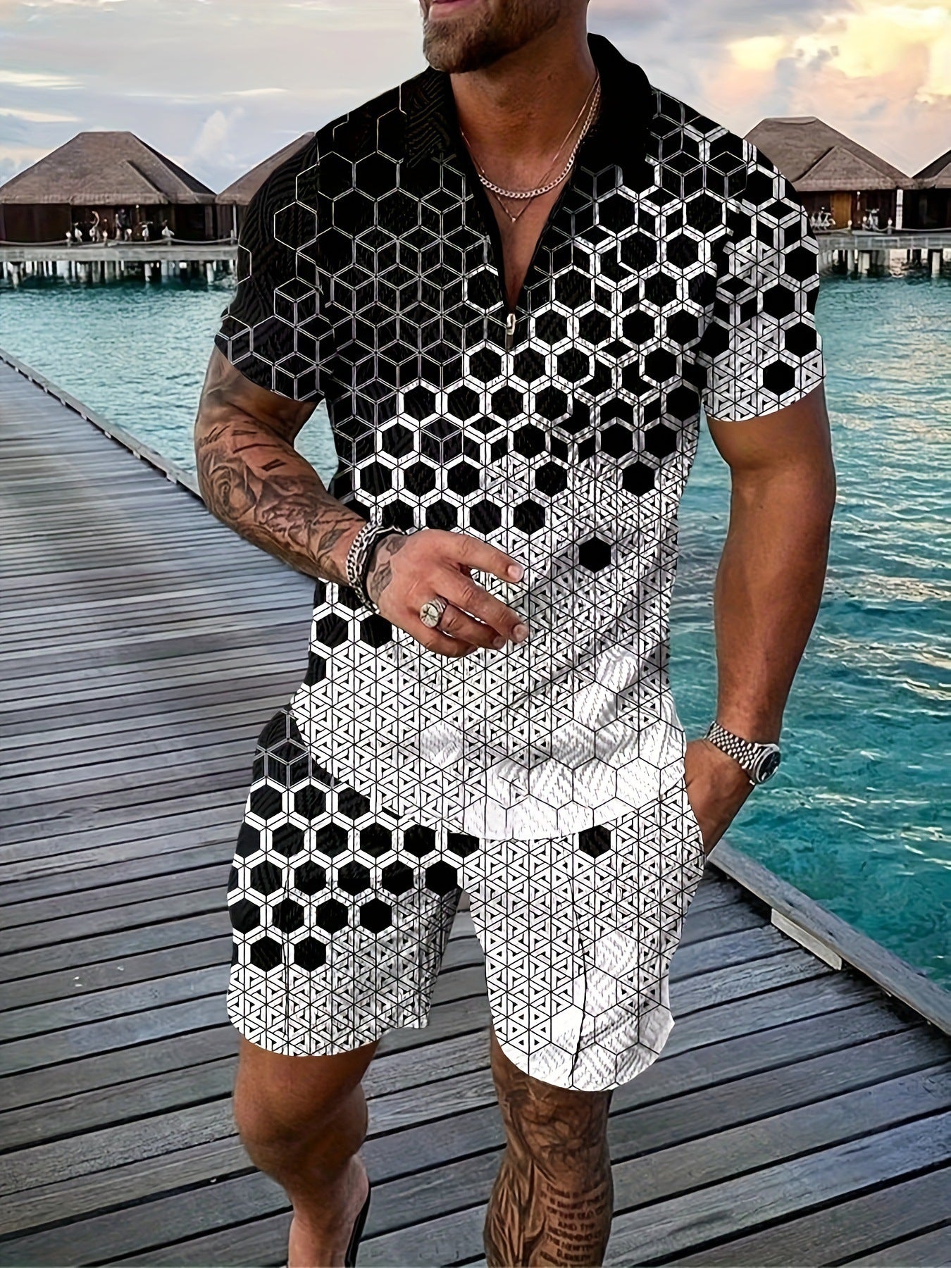 💕Summer Hot Sale -Men's casual Polo zipper lapel shirt short sleeve suit