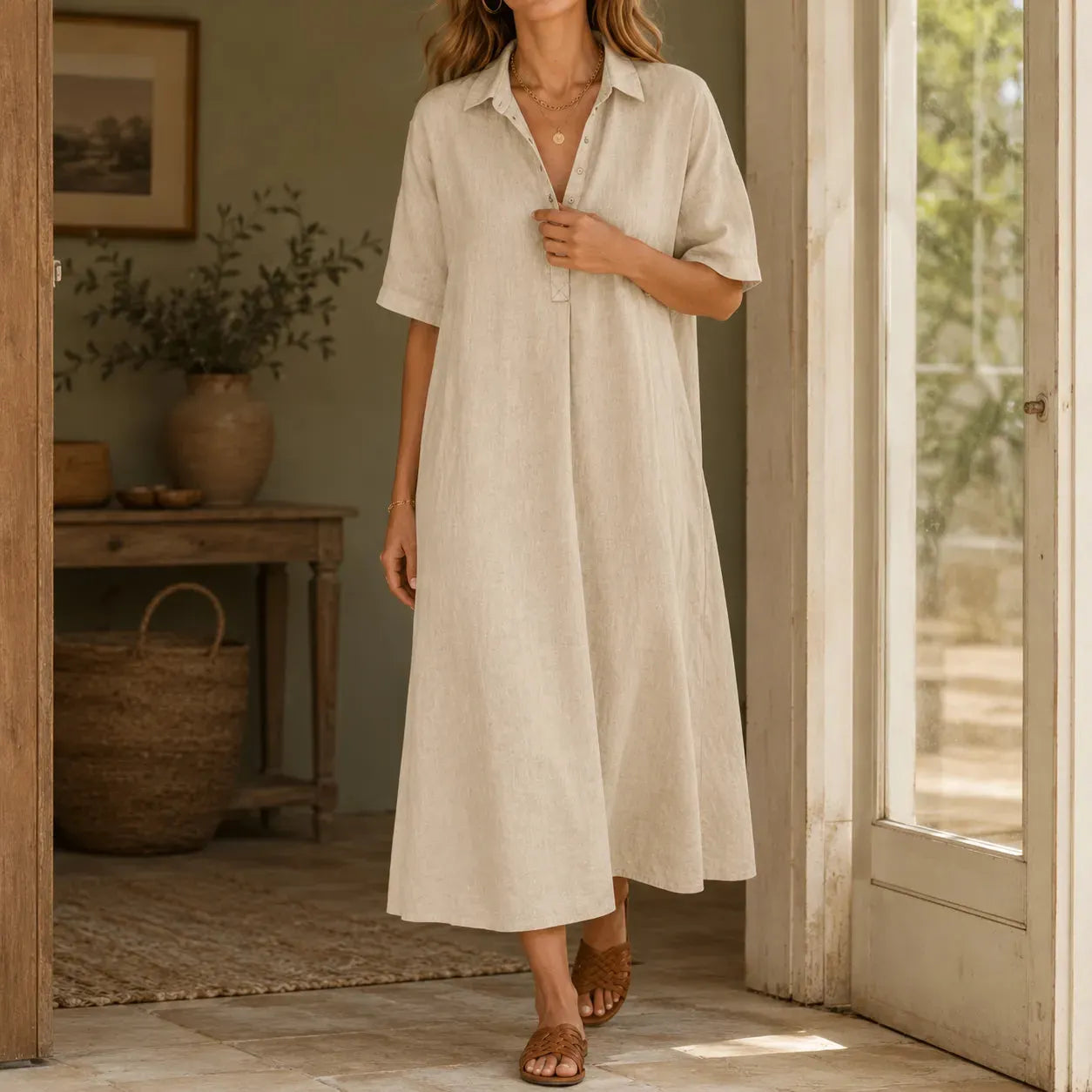 ✨✨Women's casual cotton and linen polo shirt midi dress