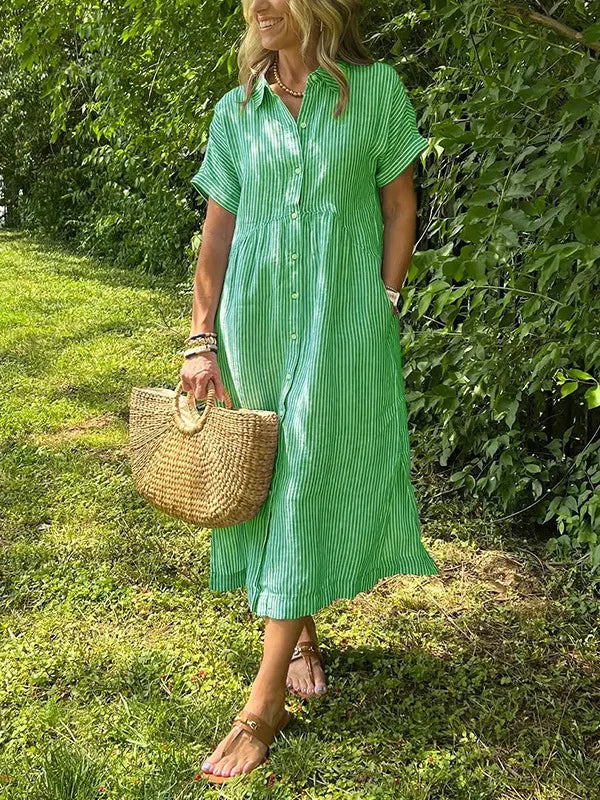 💕Classic striped collared button-down casual shirt dress