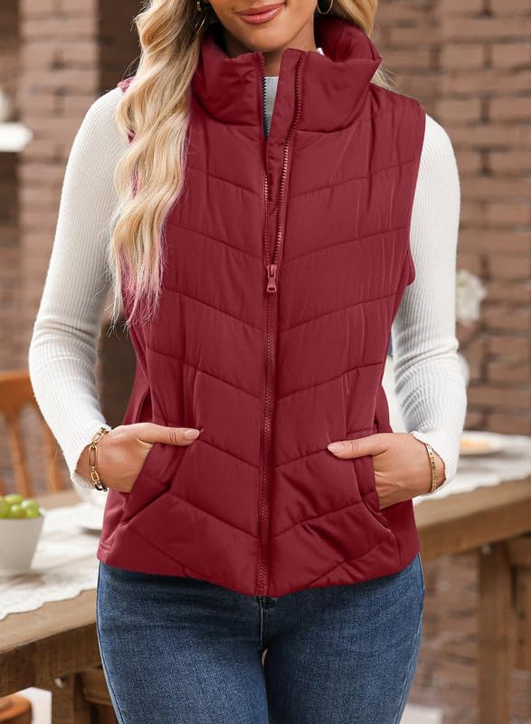Womens Sleeveless Zip Up Outerwear Stand Collar Quilted Puffer Vest