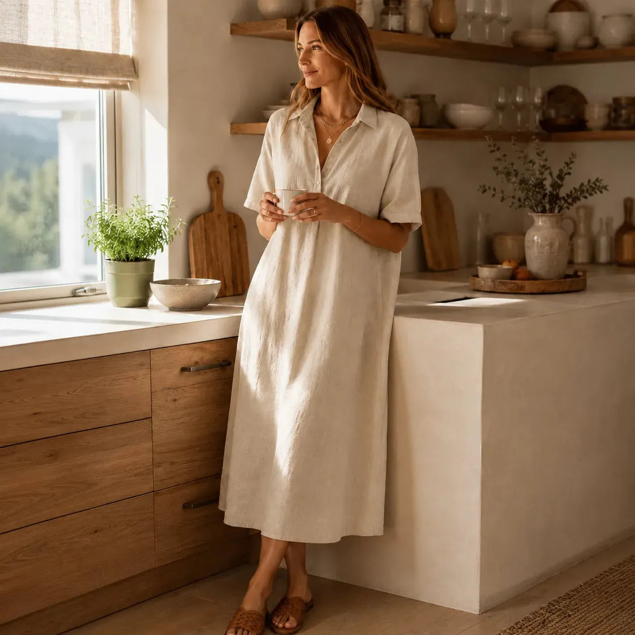 ✨✨Women's casual cotton and linen polo shirt midi dress