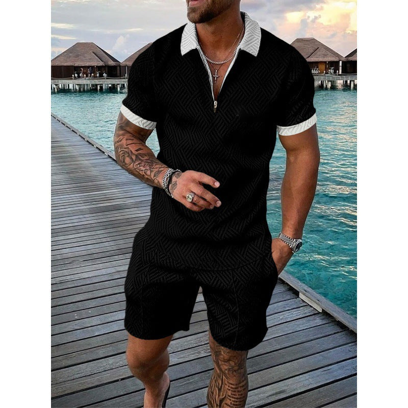 💕Summer Hot Sale -Men's casual Polo zipper lapel shirt short sleeve suit