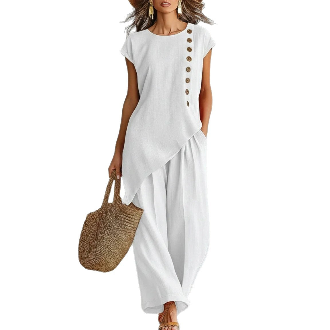 A round-neck, asymmetrical short-sleeved top and wide-leg trousers set with wooden buttons