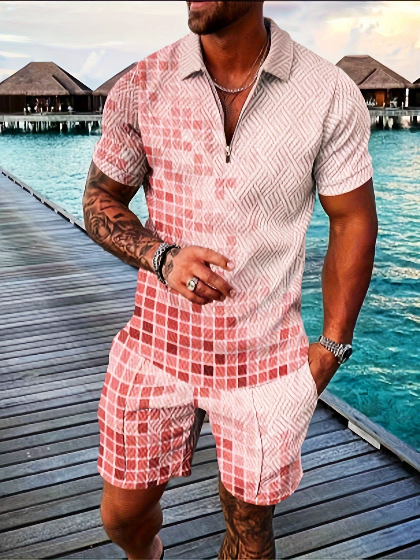 💕Summer Hot Sale -Men's casual Polo zipper lapel shirt short sleeve suit