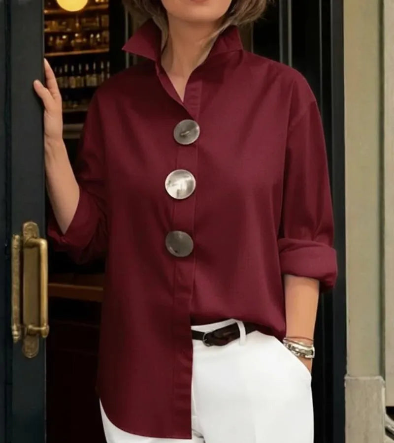 Women's Solid-Color Stand-Collar Long-Sleeve Shirt with Metal Buttons