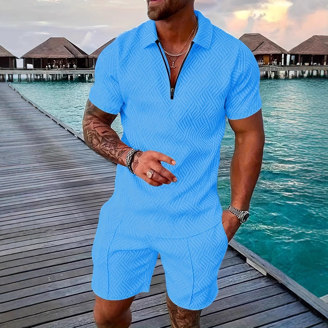 💕Summer Hot Sale -Men's casual Polo zipper lapel shirt short sleeve suit