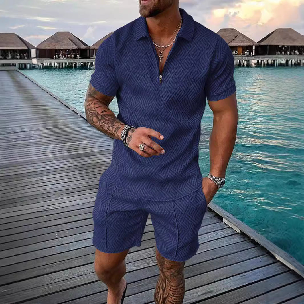 💕Summer Hot Sale -Men's casual Polo zipper lapel shirt short sleeve suit