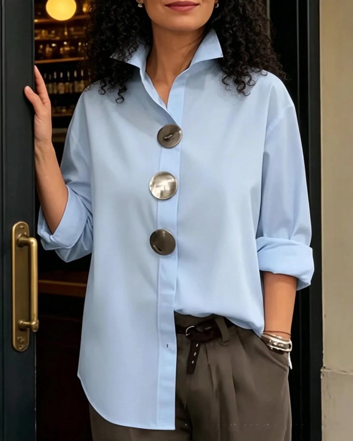 Women's Solid-Color Stand-Collar Long-Sleeve Shirt with Metal Buttons