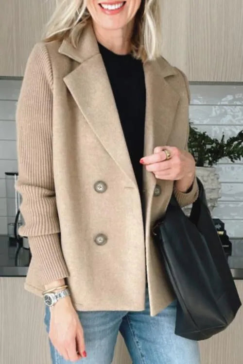 Lapel Knitted Patchwork Sleeve Casual Coat