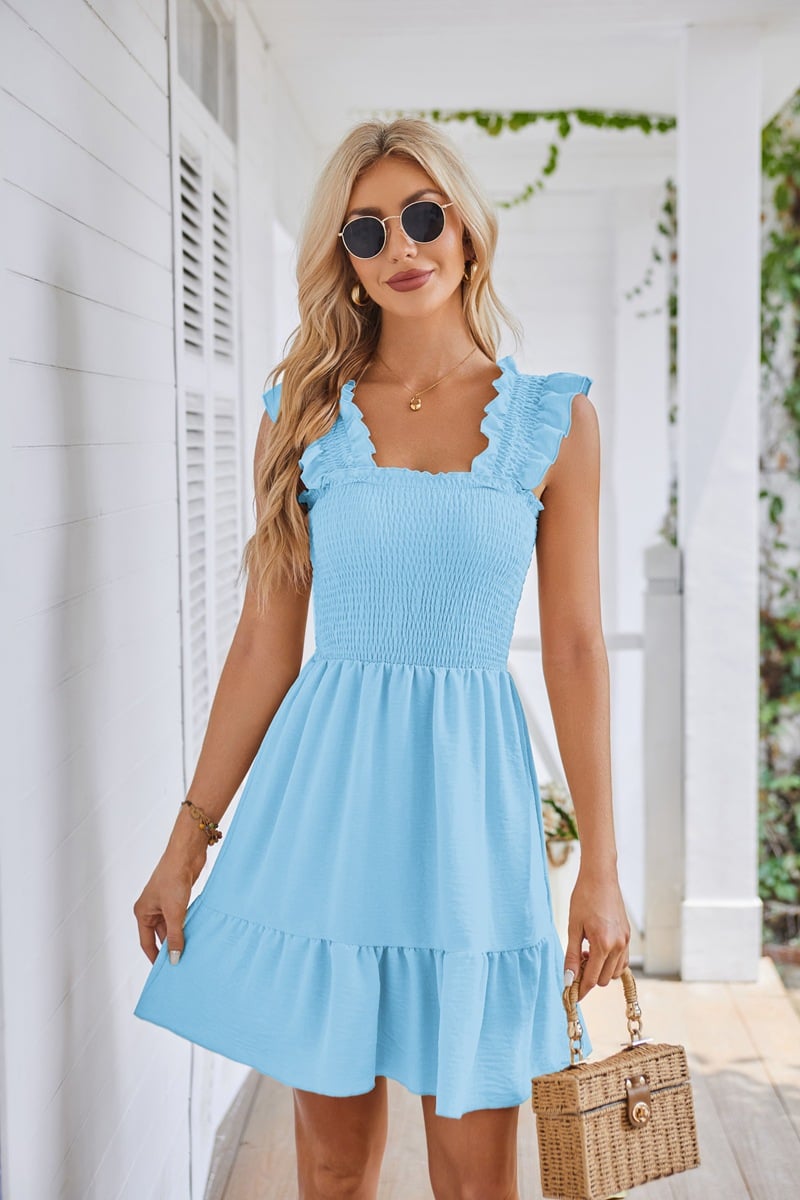 2025 Summer Casual Sleeveless Square Neck Smocked Ruffle Backless Beach Dress