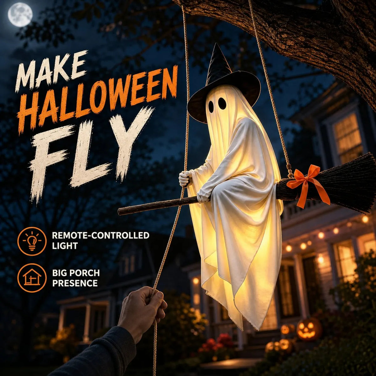 👻🧹Glowing Ghost Riding a Flying Witch's Broomstick