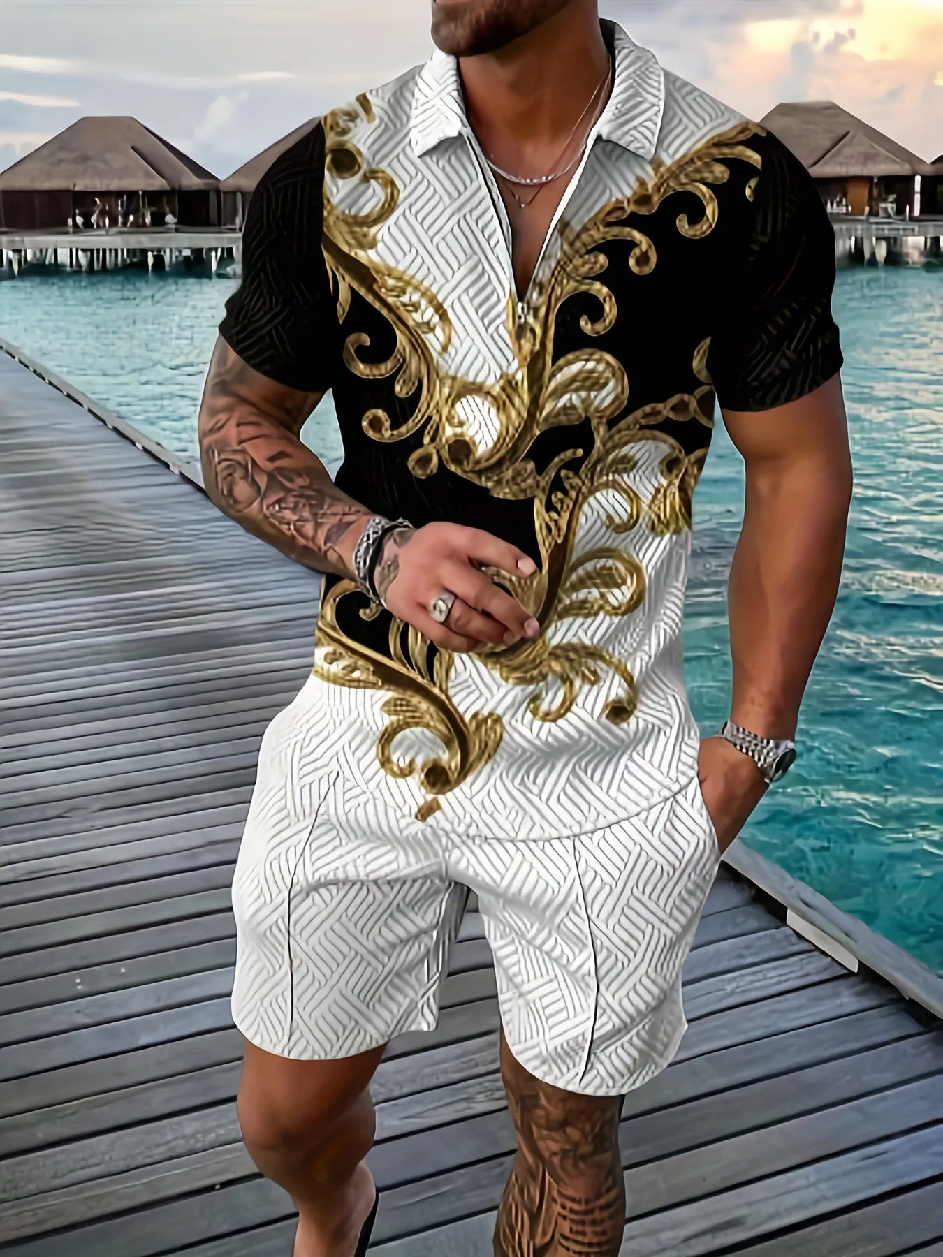 💕Summer Hot Sale -Men's casual Polo zipper lapel shirt short sleeve suit