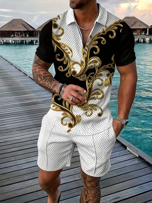 💕Summer Hot Sale -Men's casual Polo zipper lapel shirt short sleeve suit