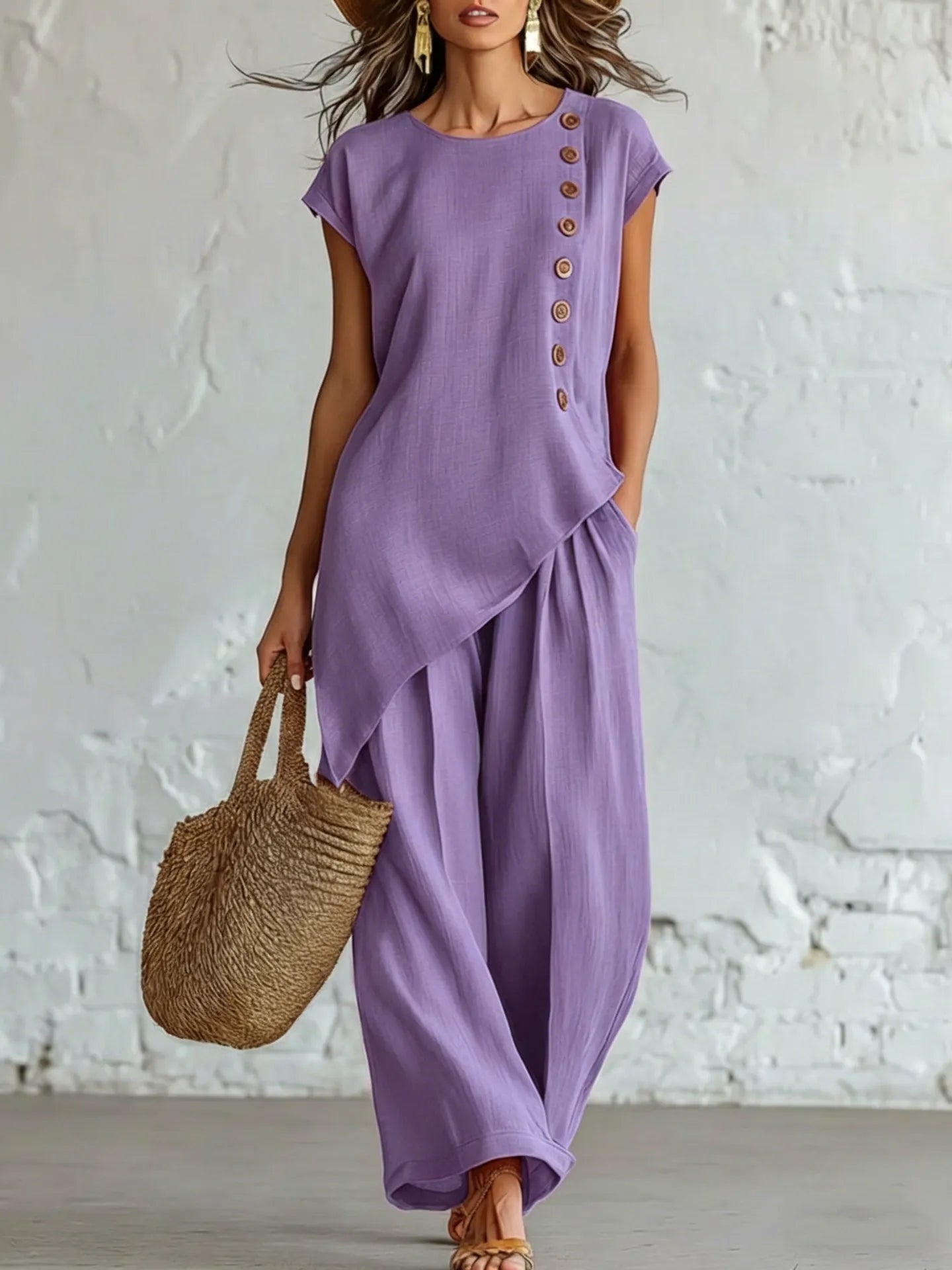 A round-neck, asymmetrical short-sleeved top and wide-leg trousers set with wooden buttons