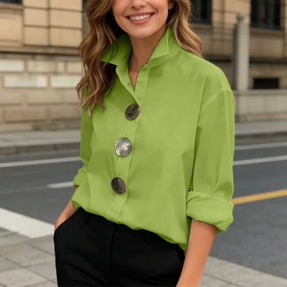 Women's Solid-Color Stand-Collar Long-Sleeve Shirt with Metal Buttons