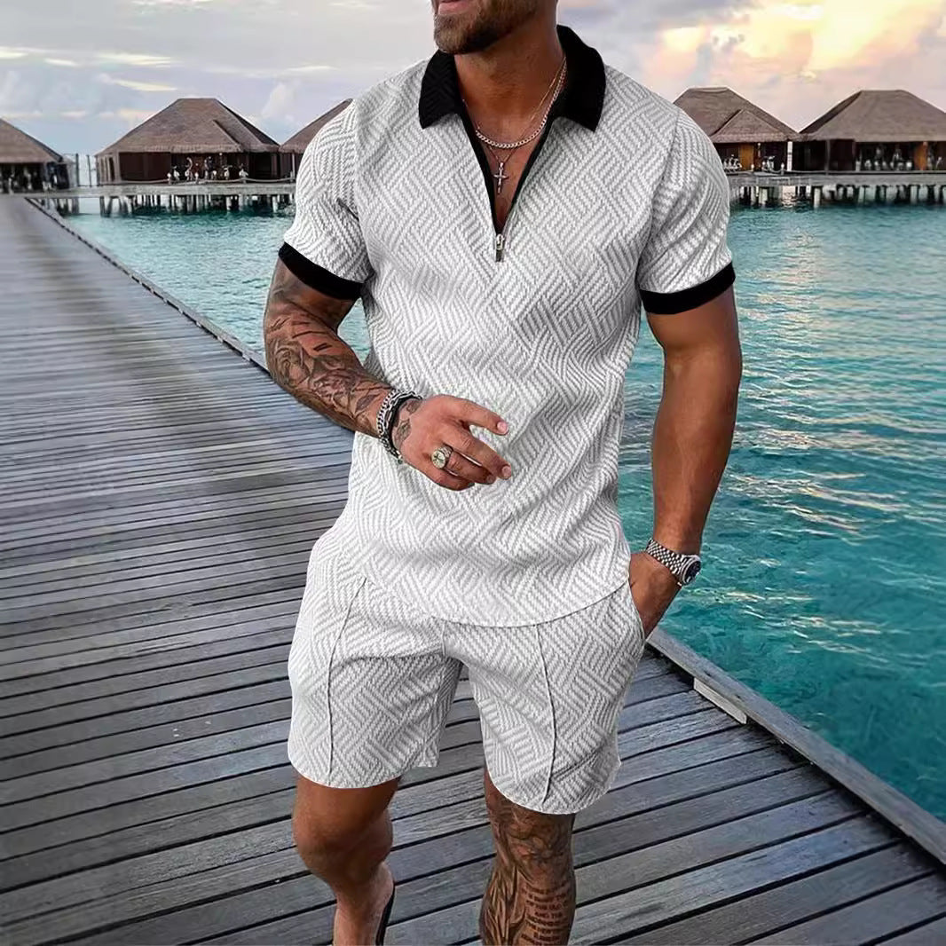💕Summer Hot Sale -Men's casual Polo zipper lapel shirt short sleeve suit