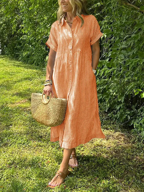 💕Classic striped collared button-down casual shirt dress