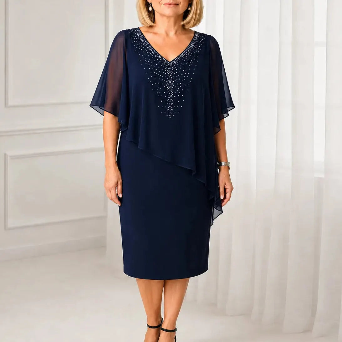 Rhinestone-Embellished V-Neck Chiffon Midi Dress with Cape-Style Sleeves