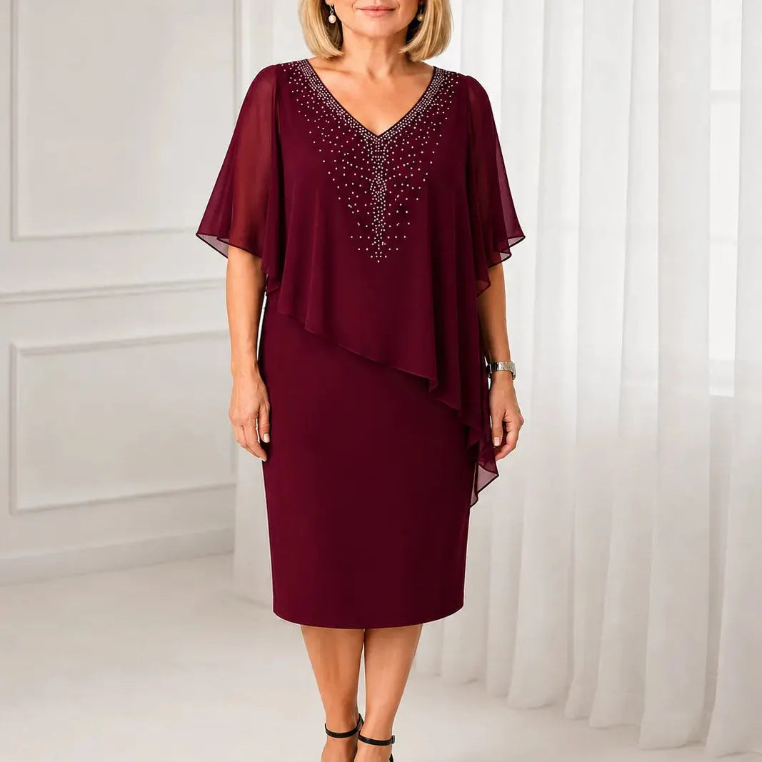 Rhinestone-Embellished V-Neck Chiffon Midi Dress with Cape-Style Sleeves