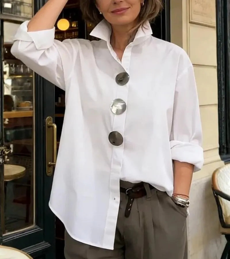 Women's Solid-Color Stand-Collar Long-Sleeve Shirt with Metal Buttons