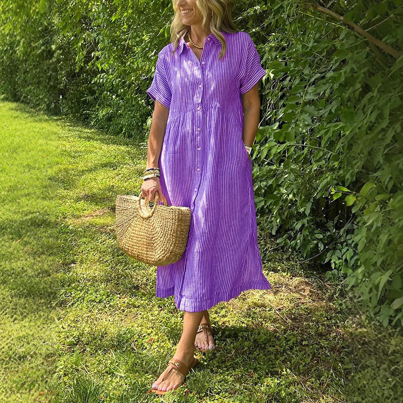💕Classic striped collared button-down casual shirt dress