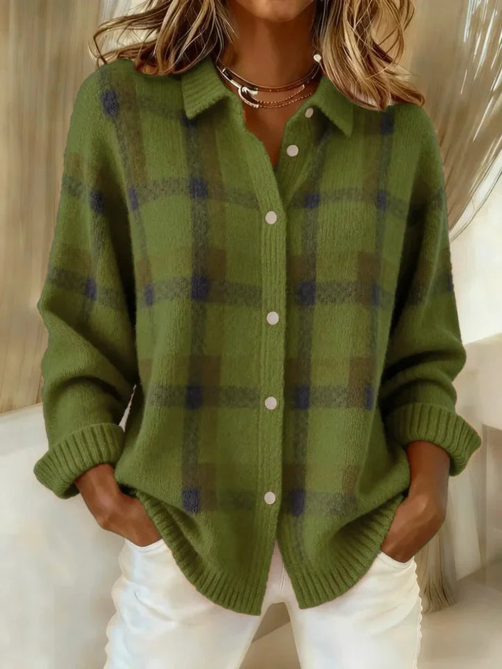 Plaid Button-Up Knit Sweater