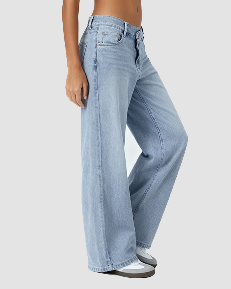 Asymmetric Low Rise Zipper Pockets Baggy Wide Leg Washed Casual Jeans