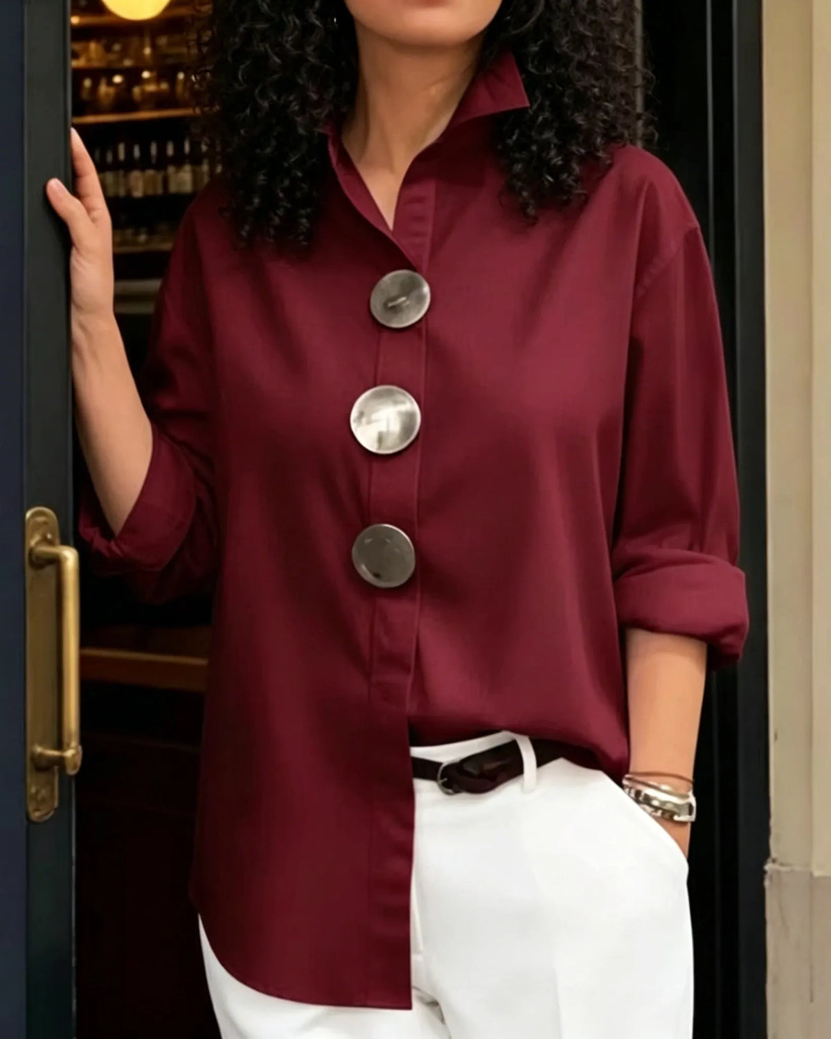 Women's Solid-Color Stand-Collar Long-Sleeve Shirt with Metal Buttons